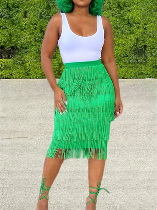 hirigin?Sexy Women Summer Skirts Party Clubwear 2022 Adults Solid Color Multi-layer Tassels High Waist Female Skirts Fashion